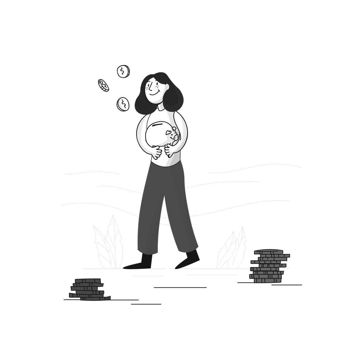 Illustration Money saver with piggy bank and coin stacks, management financial planning dans le style Pixeltrue à télécharger aux formats PNG, SVG