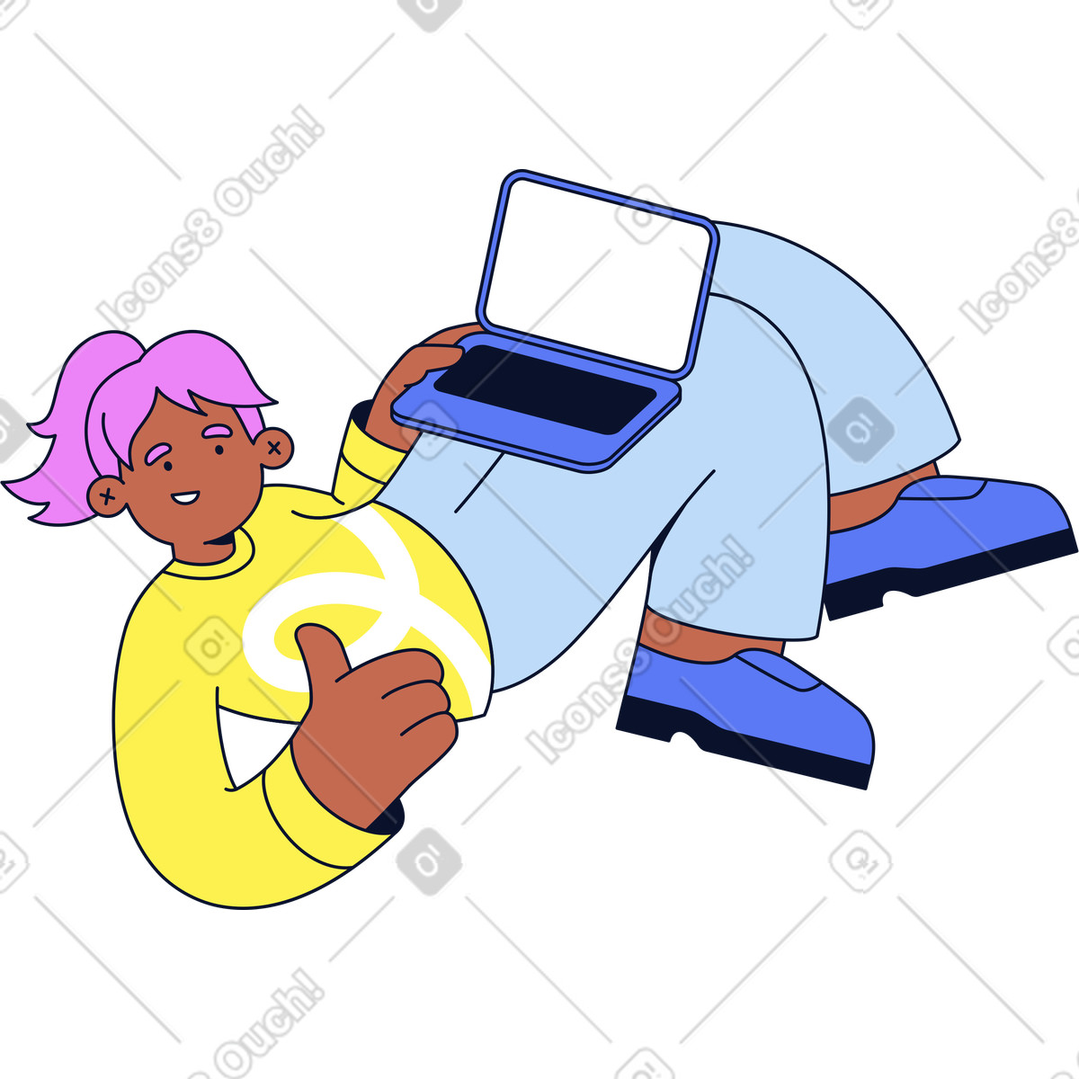 Ilustración Mujer sosteniendo una computadora portátil y mostrando un pulgar hacia arriba en estilo Flexy a descargar en PNG SVG