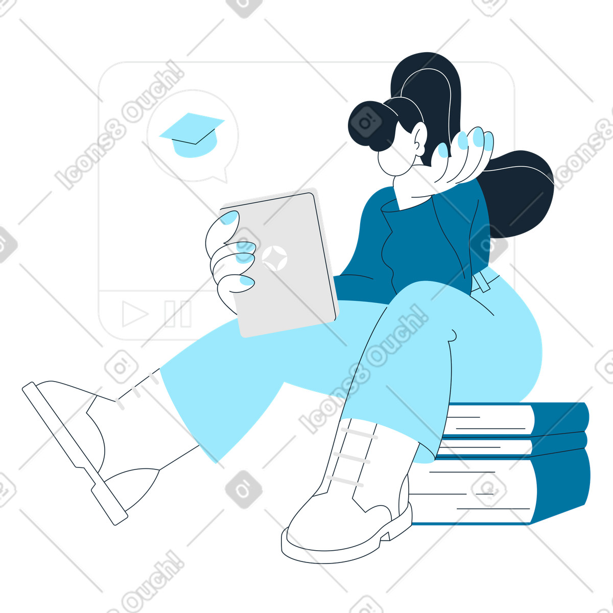 Ilustração de Mulher sentada em uma pilha livros e estudando online no estilo Indigo para baixar PNG, SVG