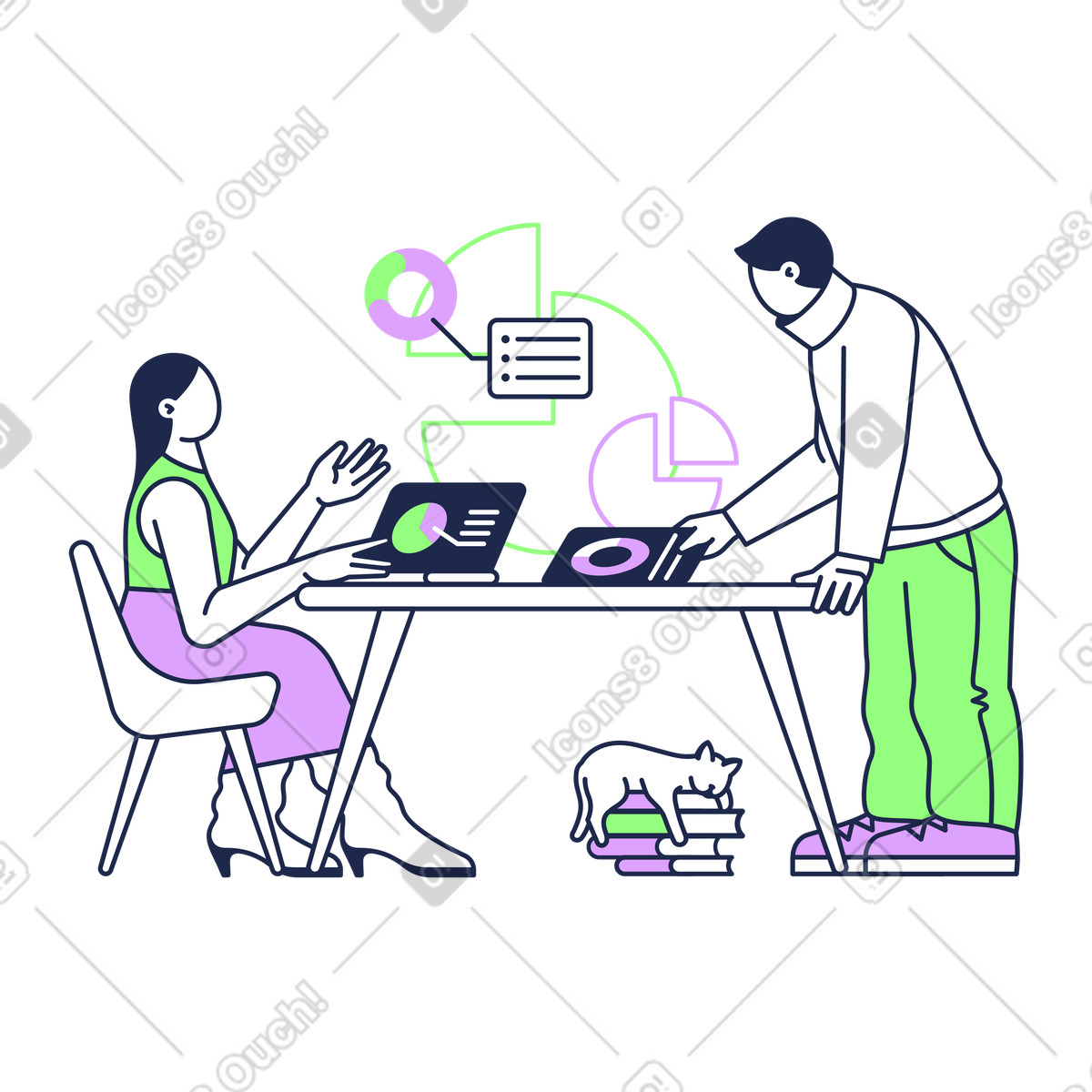 Ilustración Teamwork around table with data visuals, Workplace brainstorming and planning en estilo Outline a descargar en PNG y SVG