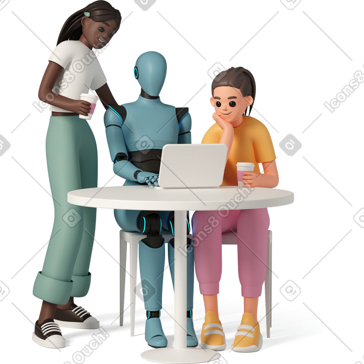Colleagues discussing team project with AI robot assistant illustration in 3D Casual life style download in PNG, SVG