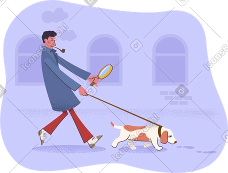 Male detective walking with his dog tracking a scent PNG, SVG
