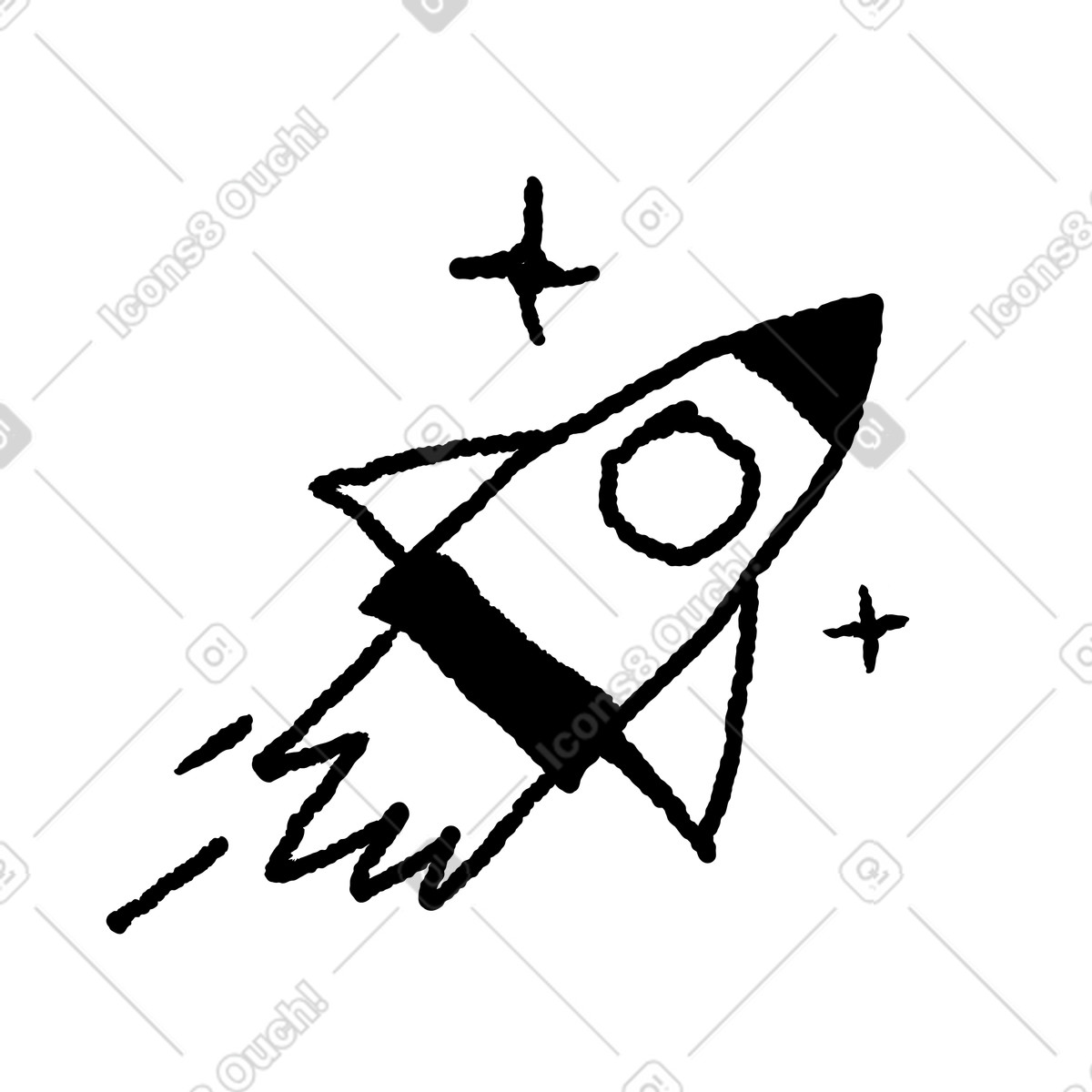 Startup rocket icon hand drawn with window and exhaust flames-Illustration im Black Chalk-Stil als Download in PNG, SVG