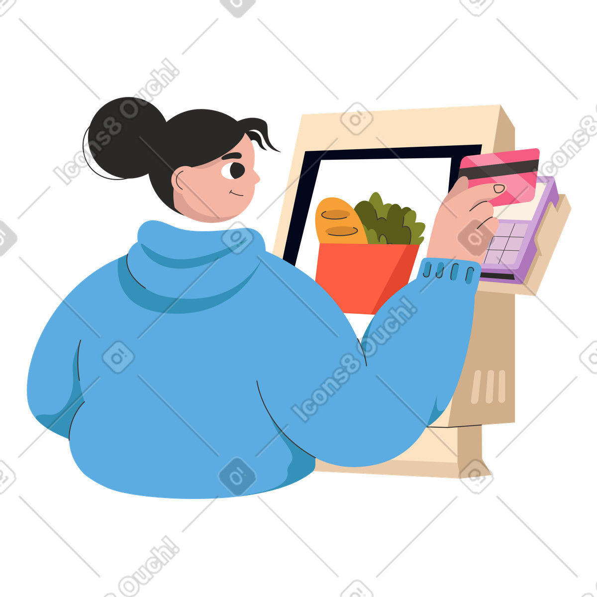 La donna paga spesa alla cassa self-service illustrazione in stile Dizzy scarica in PNG, SVG