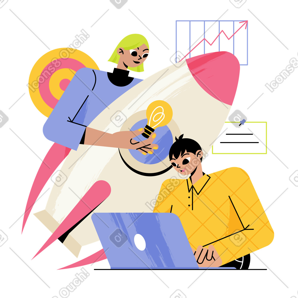 Ilustração animada de Girl and guy preparing start-up rocket to launch with ideas em no estilo Juicy para baixar em GIF, Lottie (JSON), AE