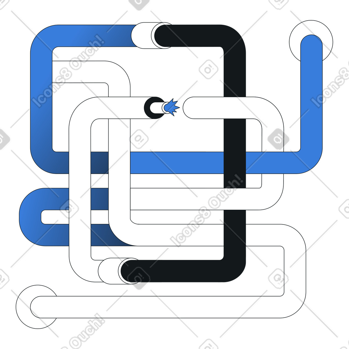 Disconnected process flow, Broken data routing path, System integration conflict illustration in Midnight style download in PNG, SVG