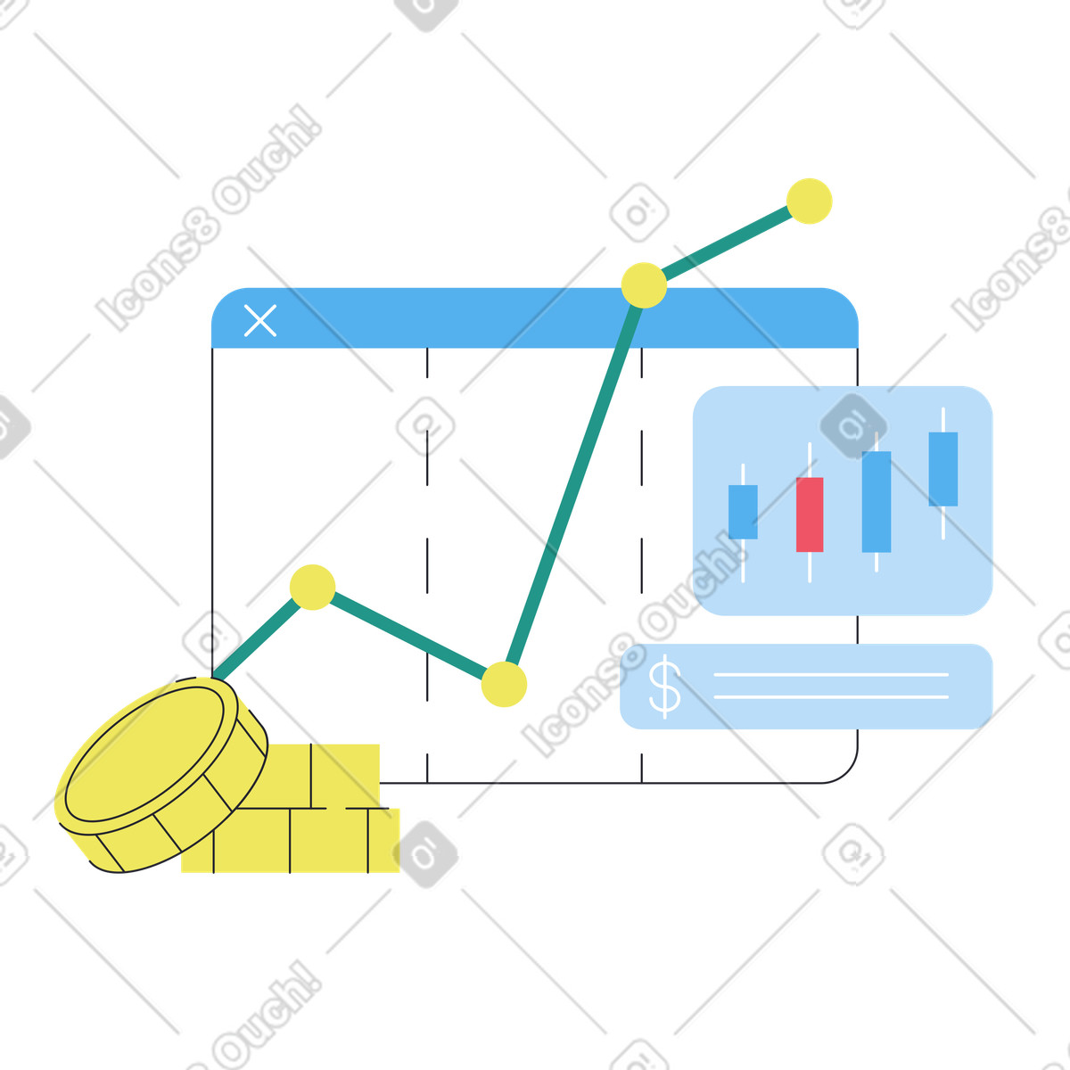 Ilustração de Browser windows with financial charts and stack of coins em no estilo Boba para baixar em PNG, SVG