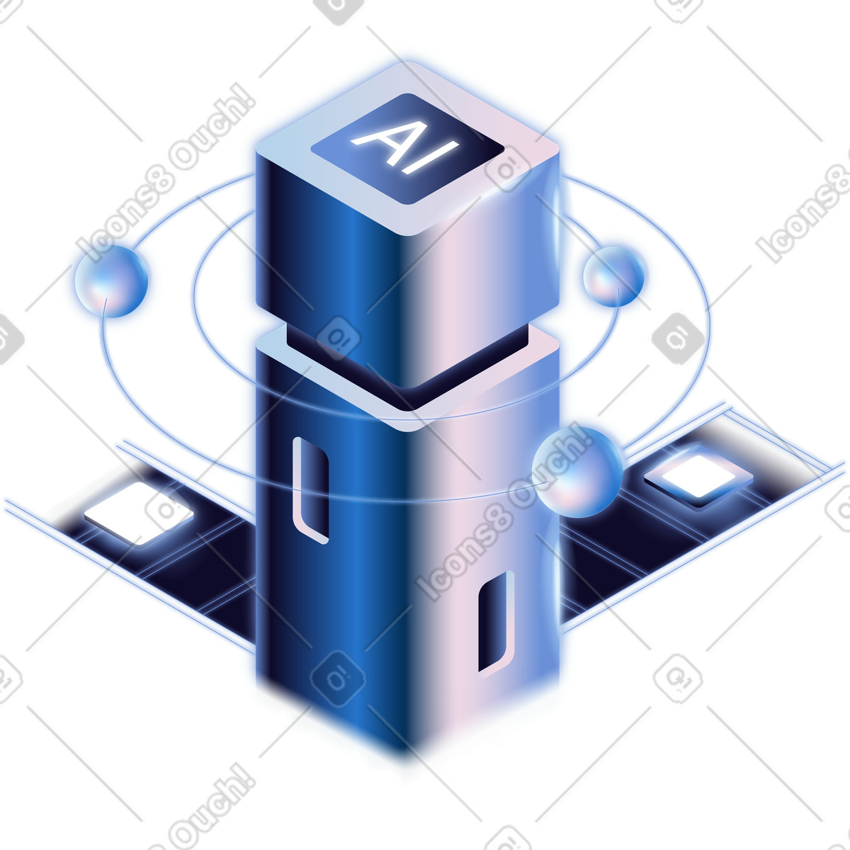 Illustration Ai workflow hub with orbiting tasks and automated data pipelines dans le style Dimension à télécharger aux formats PNG, SVG