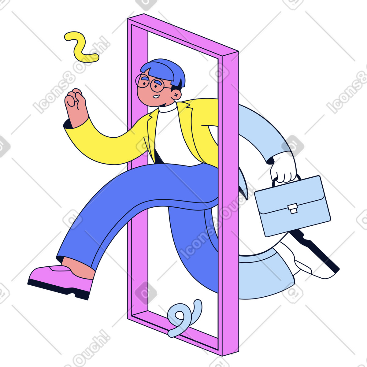 Office worker stepping energetically through open door, Career opportunity and growth illustration in Flexy style download in PNG, SVG