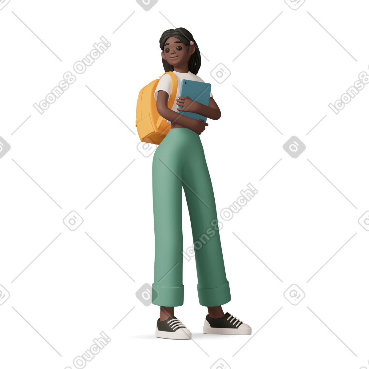 Black girl with backpack on the shoulder holding tablet illustrazione in stile 3D Casual life scarica in PNG, SVG