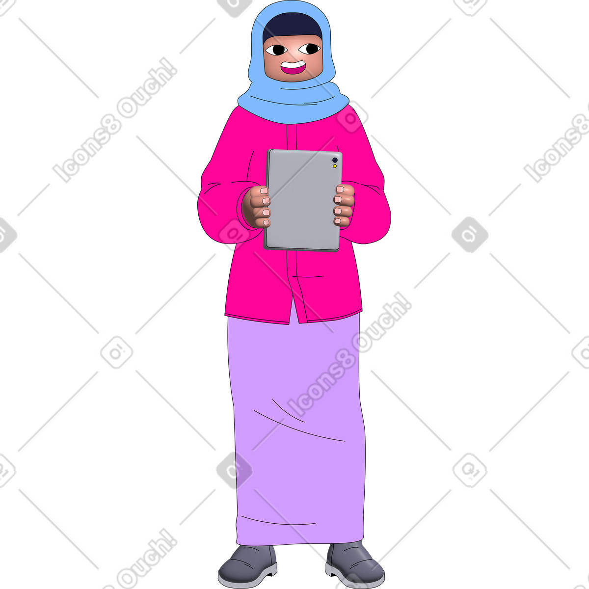 Illustration Femme en hijab tenant une tablette dans le style Pop à télécharger aux formats PNG, SVG