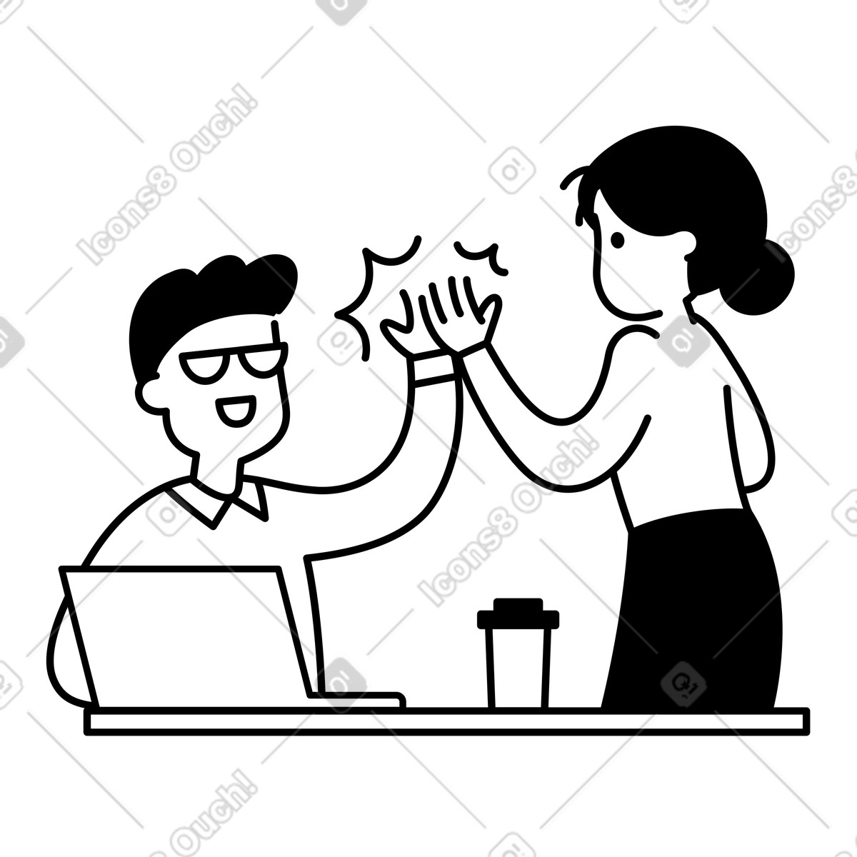 Иллюстрация Coworkers high five over laptop celebrating successful project collaboration в стиле Notion Line Art — скачать в форматах PNG, SVG