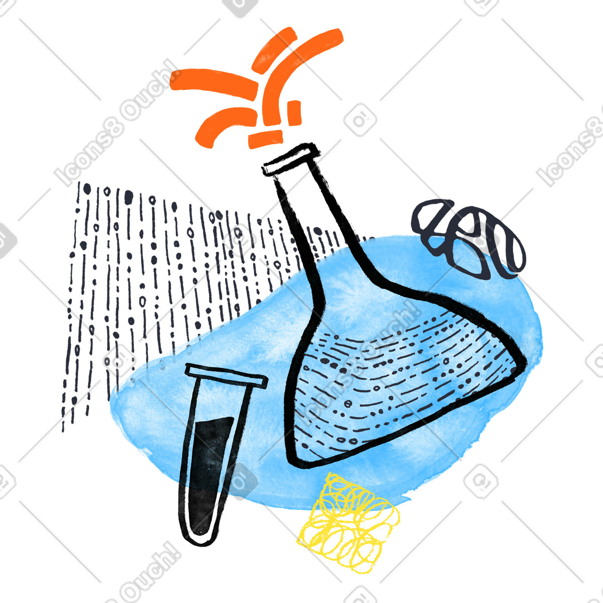 Ilustración Matraz aforado y reacción química. en estilo Inky a descargar en PNG SVG