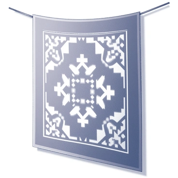 A tapestry hanging on a wall. The tapestry features intricate geometric patterns arranged in a harmonious design. The patterns consist of repeating shapes and lines that create a visually engaging composition. The edges of the tapestry are neatly finished, and the fabric appears to be soft with a textured finish. The wall behind the tapestry is smooth, providing a contrasting backdrop that allows the design to stand out prominently.