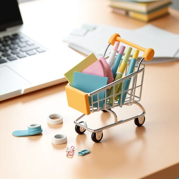 A tiny shopping cart, made of shiny metal, is placed on a wooden desk. The cart is filled with an assortment of colorful office supplies. There are several sticky notes in vibrant hues, a pack of gel pens with shiny barrels, and a small stapler. Scattered next to the cart are paper clips in various shapes and sizes, and a roll of clear tape. The desk has a few scattered sheets of paper and a laptop partially opened, providing context to the office environment.