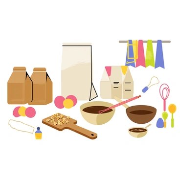 A kitchen counter featuring a variety of ingredients for making brownies. There are bags of brown sugar and flour, a carton of eggs, and a bowl filled with melted chocolate. Utensils such as a whisk, a mixing spoon, and measuring cups are scattered around. A wooden cutting board holds chopped walnuts, and a small dish of vanilla extract is also present. In the background, colorful kitchen towels hang from the oven handle.