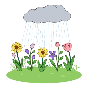 A gentle rain is falling over a vibrant field filled with budding flowers in various shades. The flowers include bright yellow daisies, delicate purple violets, and soft pink tulips, all standing tall with dew drops clinging to their petals. The gray clouds in the sky release thin streams of rain, creating ripples in small puddles forming in the lush green grass. The scene captures the freshness of the moment, with the flowers swaying gently in the soft breeze.