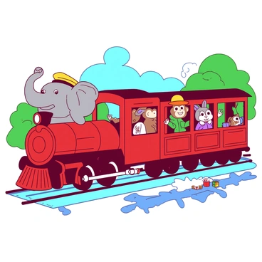 A red cartoon train is moving along a bright blue track. At the front of the train, a cheerful elephant wearing a yellow conductor hat is pulling the whistle with its trunk. Behind the elephant, a playful monkey wearing a green conductor hat is peering out of a window, waving excitedly. In another car, a wise-looking owl wearing an orange conductor hat is checking a map, while a friendly rabbit wearing a purple conductor hat is playing with a set of colorful toy blocks. The train cars are decorated with various patterns, and the landscape outside is filled with green trees and a clear blue sky.