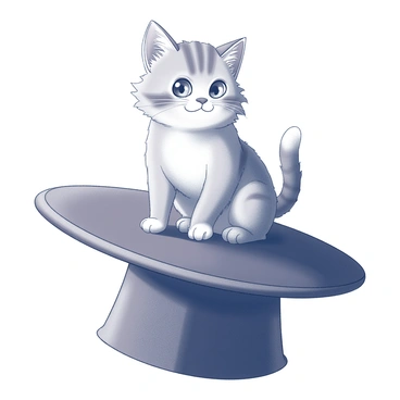 A fluffy cat sits atop a large magician's hat. The hat has a wide brim and is slightly tilted, adding a whimsical touch. The cat has a cheeky expression, with its ears perked up and bright eyes gleaming with mischief. Its soft fur is detailed, showing the texture and volume. The background is simple, allowing the focus to be on the cat and the hat.