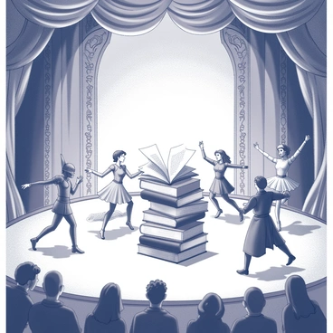 A theater stage set with rich, elaborate scenery. In the center, several books are stacked, their pages fluttering as if alive. Around the books, characters are dancing energetically, showcasing a variety of poses and movements. Each character is distinct, reflecting different genres, such as a knight in armor, a whimsical fairy, and a mysterious wizard. The lighting is focused on the characters, casting dynamic shadows on the stage. The audience is visible in the foreground, captivated by the lively performance.