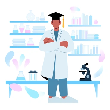 A graduate in a lab coat wearing a cap, surrounded by scientific equipment