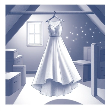 A faded wedding dress is hanging from a wooden beam in an attic. The dress has delicate lace detailing and a flowing silhouette, gently swaying in the light breeze. Sunlight streams through a small window, casting intricate shadows on the floor. Dust particles float in the beams of light, creating a sparkling effect in the air. In the background, various boxes and old furniture are scattered around, hinting at a long-forgotten past. The atmosphere is filled with a sense of nostalgia and quietness.