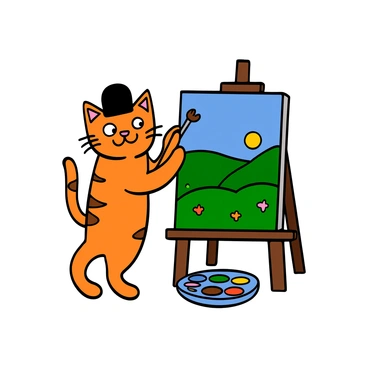 A cute tabby cat with orange stripes and big eyes is wearing a black beret tilted to one side. The cat is standing on its hind legs in front of a blank canvas, holding a paintbrush in one paw. The canvas is set on an easel and features a vibrant landscape with rolling green hills, a bright blue sky, and scattered colorful flowers. The cat is focused on adding bright splashes of paint to the canvas, with a palette of various colors beside it on the ground. The scene is lively and playful, showcasing the cat's artistic endeavor.