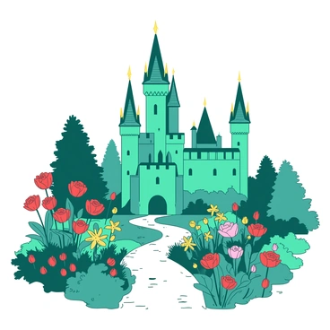 A teal fairytale castle stands majestically in the center of the image. The castle features tall towers with golden spires that reach towards the sky. Surrounding the castle is a lush garden filled with a variety of colorful flowers in full bloom. Among the flowers, there are vibrant red roses, cheerful yellow daisies, and delicate pink tulips. The garden pathway leading to the castle is lined with green shrubs and the sunlight casts gentle shadows across the scene.