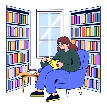 A woman with long brown hair is sitting in a quaint library corner. She is wearing a cozy, dark green sweater and reading glasses. The corner is surrounded by towering bookshelves filled with old books, their spines showing various faded colors. There is a small wooden table beside her, holding a steaming cup of tea. A comfortable armchair supports her as she leans slightly forward, engrossed in a thick book resting on her lap. A soft light is filtering in from a nearby window, casting gentle shadows across the scene.