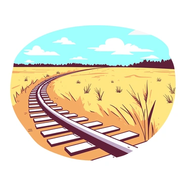 A slinga of train tracks stretching into the distance across a golden wheat field