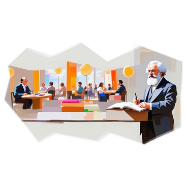 An illustration depicting key moments of "Karl Marx's" life in a timeline format. The timeline starts with "Karl Marx" as a young man, seated at a desk with books and papers scattered around him, symbolizing his early years as a thinker. Next, there is an image of him in a lively café surrounded by friends and fellow intellectuals, engaging in animated discussions. The third moment captures "Marx" during his time in London, observing the bustling city from a window, reflecting on industrialization. The final key moment shows "Marx" later in life, with a contemplative expression, standing in front of a large book titled "Das Kapital," which represents his influential work. Each moment is connected with a visual line, emphasizing the chronological progression of his life.