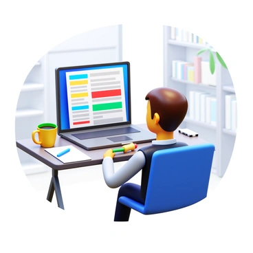 A recruiter sitting at a modern desk, focused on reviewing a candidate's digital resume displayed on a sleek laptop screen. The recruiter is wearing professional attire and has a notebook and pen beside them, ready to take notes. The laptop screen shows a colorful resume layout with clear headings and sections. A coffee cup sits on the desk, adding to the professional atmosphere. The background includes a subtle office setting with bookshelves and a plant.
