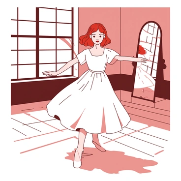 A red-haired girl is practicing classical dance in an empty studio. She is wearing a flowing white dress that moves gracefully with her. The wooden floor reflects the light from large windows, creating a warm ambiance. In the background, there are mirrors covering the walls, which show her elegant form as she executes a perfect pirouette. The sunlight streaming through the windows casts soft shadows, highlighting her disciplined posture and focused expression.