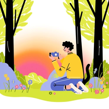 A photographer with curly hair is kneeling on a patch of soft grass in a forest. They are holding a camera, focusing on the vibrant orange and pink hues of a sunrise peeking through dense trees. Sunlight filters through the leaves, creating dappled patterns on the ground. In the background, tall trees stretch upwards, their silhouettes framed against the colorful sky. A few colorful wildflowers are visible in the foreground, adding to the natural beauty of the scene.