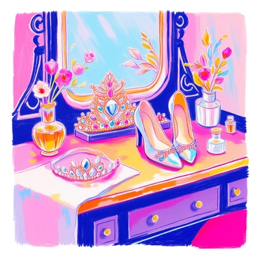 An elegant dressing table is adorned with a beautifully crafted "tiara" that sparkles with numerous gemstones. Beside it, a pair of "elegant shoes" is displayed, featuring delicate straps and intricate detailing. The table itself is made of polished wood, with a soft, plush tablecloth draped over it. A small mirror sits in the background, reflecting the tiara and shoes. There are also a couple of delicate perfume bottles and a small vase of fresh flowers arranged on the table.