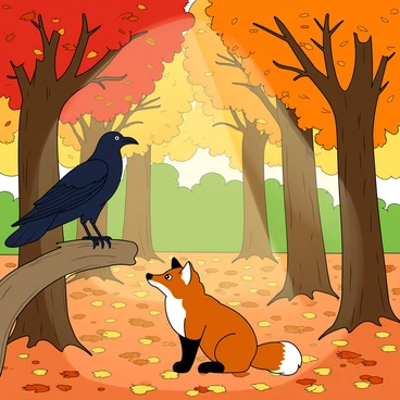 A vibrant autumn forest filled with trees displaying leaves in shades of red, orange, and yellow. The ground is covered with a thick layer of fallen leaves, creating a colorful carpet. In the foreground, a sleek black crow stands perched on a low branch, its feathers glossy and shimmering in the light. Below the branch, a curious fox with a rich orange fur coat and a white-tipped tail sits attentively, its sharp eyes watching the crow. Rays of sunlight filter through the branches, casting playful shadows on the forest floor, adding depth to the scene.