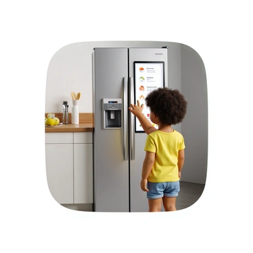 A child with curly hair and wearing a bright yellow t-shirt stands in front of a Samsung smart fridge. The fridge has a sleek, modern design with a shiny stainless steel finish. The screen on the fridge displays colorful icons such as food items, recipes, and reminders. The child reaches out with one hand to touch the screen, a look of curiosity on their face. Bright kitchen surroundings can be seen, including a countertop with fruit and utensils.