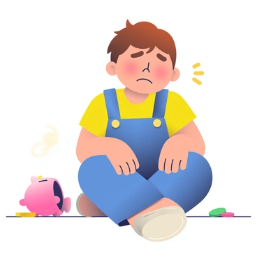 A child with short brown hair is sitting on the floor with their legs crossed. The child is wearing a bright yellow t-shirt and blue denim overalls. In front of them is an empty, pink piggy bank turned upside down, with coins scattered around. The child's eyebrows are furrowed, and their mouth is turned down, showing a puzzled and sad expression. Their small hands are resting on their knees, and there is a soft, warm light illuminating the scene, enhancing the emotional tone of the moment.