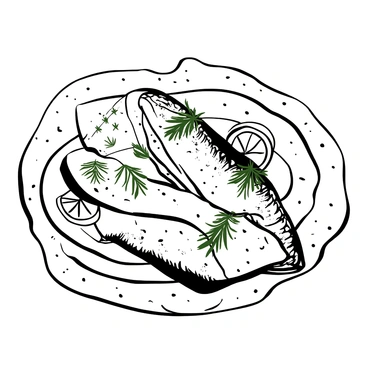 A plate with herring fillets arranged in an elegant manner, topped with fresh herbs such as dill and parsley. Lemon slices are artistically placed around the fish, adding a touch of detail. The background features a textured tablecloth, enhancing the presentation of the dish.