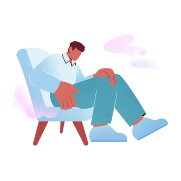 A person is sitting in a chair, with their body slightly hunched forward. They have one hand resting on their side, indicating discomfort. The chair is simple and has wooden legs. The setting includes a soft gradient background in pastel colors that enhances the overall mood. The person is dressed in a casual shirt and pants, and the chair has a cushion for added comfort. The lighting is gentle, creating a calm atmosphere around them.