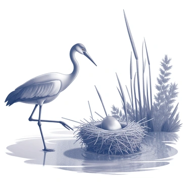 A crane is standing on the riverbank, carefully arranging twigs and reeds to construct its nest. The crane has long legs and an elongated neck, accentuating its elegant form. The nest is situated among tall grasses and reeds, partially hidden yet prominently positioned near the water's edge. The river reflects the surrounding landscape, with gentle ripples indicating the flow of water. In the background, there are more lush plants and trees that provide a natural habitat. The scene captures the meticulous activity of the crane as it gathers materials for its home.