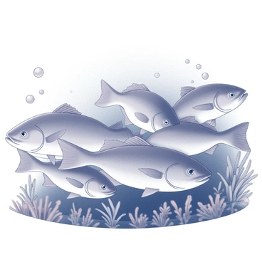 A group of snapper fish swimming closely together underwater. The fish have elongated bodies and pointed snouts, showcasing their streamlined shapes. Bubbles can be seen rising around them, creating a dynamic atmosphere in the water. Sunlight filters through the surface, casting playful shadows and light patterns on the ocean floor. Various aquatic plants surround the fish, adding to the richness of the underwater environment.