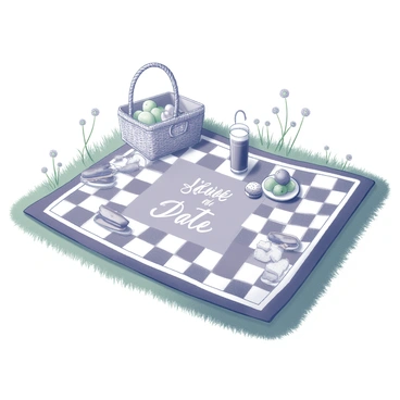 A picnic scene set on green grass, featuring a checkered blanket spread out. On the blanket, there is a small basket filled with fruits and sandwiches. A couple of plates, each with a delightful treat, are arranged neatly beside the basket. "Save the Date" is prominently written on the blanket in an elegant font. Surrounding the setup are a few scattered wildflowers, adding a touch of natural beauty to the atmosphere. A couple of drinks in glasses are also placed on the blanket, creating an inviting picnic atmosphere.