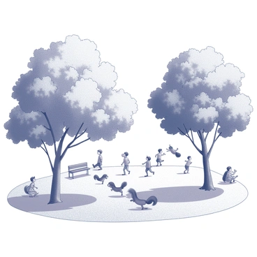 A lively urban park featuring a variety of trees that provide shade and structure. Playful squirrels are seen interacting with children, some chasing each other around the trunks of the trees. Other squirrels are perched on low branches, observing the children with curiosity. The children, engaged in playful activities, are scattered throughout the park, some sitting on benches and others running on the grass. The scene captures a dynamic atmosphere of joy and interaction among the wildlife and the children.
