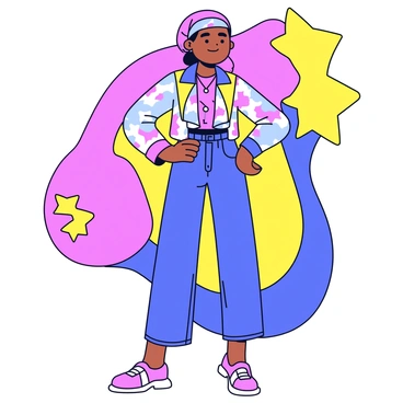 A girl wearing a colorful hijab. She is dressed in an edgy, avant-garde outfit consisting of asymmetrical layers and bold patterns. The outfit features a mix of textures, including shiny and matte fabrics. The setting is vibrant, with abstract shapes and bright colors in the background. The girl stands confidently, with one hand on her hip and a playful expression on her face.