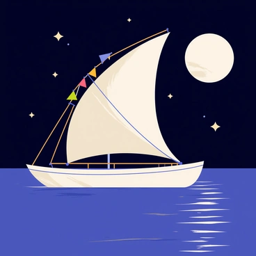 A sail barge gliding smoothly across a dark blue waterway under a bright full moon. The sail is large and catches a gentle breeze, showing delicate folds and twists. The moon's soft light casts a shimmering reflection on the water's surface, creating a pathway of silver. Stars twinkle in the night sky, adding to the tranquil atmosphere. The barge is adorned with colorful decorations fluttering lightly in the wind, enhancing its charm as it travels through the peaceful night.
