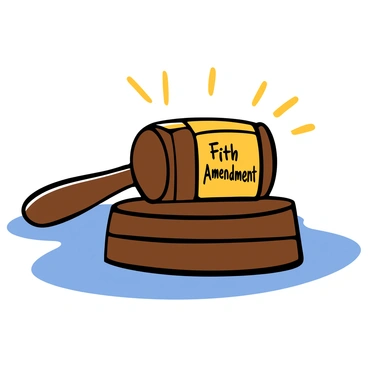 Close-up of a wooden judge's gavel resting on a smooth surface. The gavel has a polished finish, and the words "Fifth Amendment" are prominently engraved on the head of the gavel in bold, clear lettering. The background is softly blurred to highlight the details of the gavel, emphasizing its craftsmanship and the importance of the engraved text.