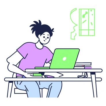 A student is sitting at a wooden desk in a classroom. The student has wild, untamed hair sticking up in all directions. They are wearing a simple t-shirt and jeans. On the desk, there are open notebooks, colorful pens scattered around, and a laptop with a bright screen. The student is looking intently at the laptop, with their eyebrows raised in concentration. A window is visible behind them, allowing light to illuminate the scene.