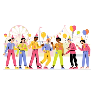 A group of kids wearing vibrant carnival costumes stands at a fair. Each costume is adorned with colorful feathers and glitters that shimmer in the sunlight. The kids are engaged in joyful activities, some dancing while others are laughing. Brightly colored balloons float nearby, adding to the festive atmosphere. Various carnival games and attractions are visible in the background, enhancing the lively scene.