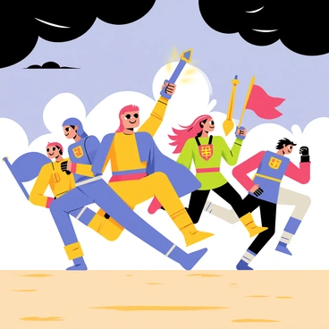 A group of five heroic figures charging into battle, each wearing distinct colorful armor. The first hero has a shining silver cape fluttering in the wind. The second hero, a woman with long flowing red hair, raises a glowing sword high above her head. Banners in various colors, including bright blue and deep red, wave energetically behind them. The ground beneath their feet is dusty and the sky overhead is filled with dark storm clouds, creating a dramatic backdrop for their charge. Each hero has a determined expression as they advance forward.